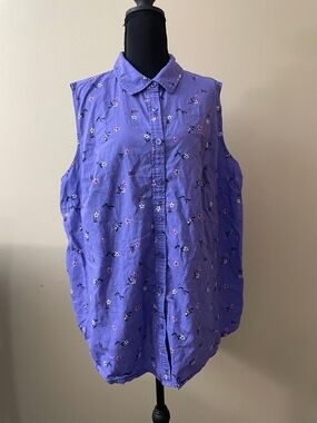 Woman Within Purple Sleeveless Button-Front Floral Blouse